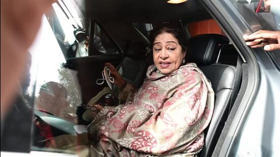 Chandigarh BJP MP Kirron Kher arriving to attend the municipal corporation House sitting to elect the senior deputy mayor and mayor on Tuesday. She left after waiting for nearly three hours as AAP and Congress councillors stayed away from the proceedings. (Ravi Kumar/HT)