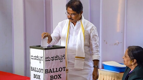 Leader of Opposition in Karnataka Assembly R. Ashoka casts his vote for the Rajya Sabha elections in Bengaluru.(PTI)