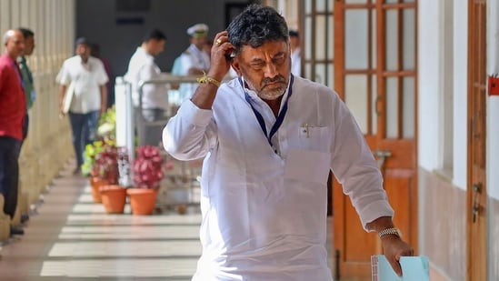 KPCC President and Karnataka Deputy Chief Minsiter D.K. Shivakumar during the voting for Rajya Sabha elections at the Vidhana Soudha, in Bengaluru.(PTI)