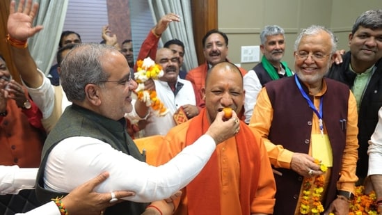 Uttar Pradesh chief minister Yogi Adityanath is felicitated after BJP clinched eight out of 10 seats in the Rajya Sabha elections. (Sourced from UP CM's office)