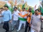 Leader of the Opposition in the Karnataka Legislative Assembly R Ashoka and supporters protest against alleged "Pakistan Zindabad" slogans in Vidhan Soudha, in Bengaluru on Wednesday. (ANI)