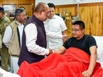 Manipur CM N. Biren Singh accompanied by ministers, MLAs and chief secretary, visited Addl SP M Amit Singh, who was recently attacked by armed miscreants at Raj Medicity Hospital in Imphal on Wednesday. (ANI) Manipur CM N. Biren Singh accompanied by ministers, MLAs and chief secretary, visited Addl SP M Amit Singh, who was recently attacked by armed miscreants at Raj Medicity Hospital in Imphal on Wednesday. (ANI)