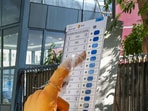 New Delhi: A replica of Electronic Voting Machine (EVM) at the Election Commission of India (ECI) head office, in New Delhi, Wednesday, Feb. 28, 2024. (PTI Photo/Kamal Kishore)(PTI02_28_2024_000219A) New Delhi: A replica of Electronic Voting Machine (EVM) at the Election Commission of India (ECI) head office, in New Delhi, Wednesday, Feb. 28, 2024. (PTI Photo/Kamal Kishore)(PTI02_28_2024_000219A)
