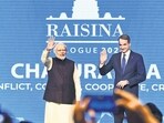 Prime Minister Narendra Modi and Greek Prime Minister Kyriakos Mitsotakis at the 9th Raisina Dialogue in New Delhi on Wednesday. (ANI)
