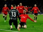 Sociedad v RCD Mallorca - Mallorca's Dominik Greif and Sergi Darder celebrate after winning the penalty shoot-out