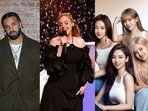 In picture from left to right: Drake, Adele, aespa. In picture from left to right: Drake, Adele, aespa.
