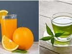 Orange juice vs green tea: Orange juice is a rich source of Vitamin C, folate, and potassium. Green tea contains flavonoid called catechins which stimulates metabolism and helps break down excess fat.