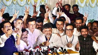 Karnataka Deputy Chief Minister DK Shivakumar addresses the press conference during the celebrations after Congress candidates Ajay Maken, Naseer Hussain and G.C. Chandra Shekhar win the Rajya Sabha elections from the state, in Bengaluru on Tuesday. (DK Shivakumar-X) Karnataka Deputy Chief Minister DK Shivakumar addresses the press conference during the celebrations after Congress candidates Ajay Maken, Naseer Hussain and G.C. Chandra Shekhar win the Rajya Sabha elections from the state, in Bengaluru on Tuesday. (DK Shivakumar-X)
