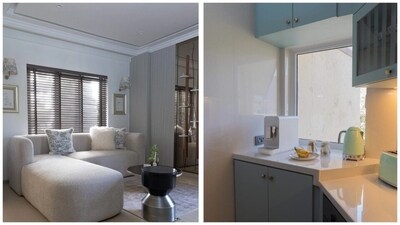 The rest of Ananya Panday's home also features shades of beige, greys, and whites. The TV room features a large window as well as a panelled wall mirror. The monochrome palette soaks up the sun from large windows making the space feel expansive and bright. The rest of Ananya Panday's home also features shades of beige, greys, and whites. The TV room features a large window as well as a panelled wall mirror. The monochrome palette soaks up the sun from large windows making the space feel expansive and bright. 