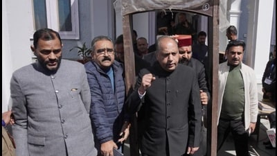 Himachal leader of Opposition Jai Ram Thakur walks out of the assembly with suspended BJP MLAs in Shimla on Wednesday. (Deepak sanasta/HT) Himachal leader of Opposition Jai Ram Thakur walks out of the assembly with suspended BJP MLAs in Shimla on Wednesday. (Deepak sanasta/HT)