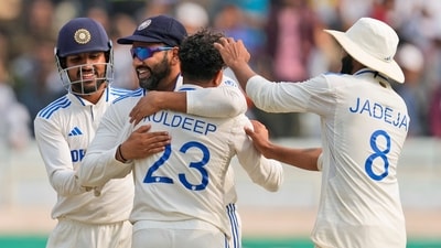 Indian cricketers celebrate a wicket during Day 3 of the fourth Test in Ranchi (AP) Indian cricketers celebrate a wicket during Day 3 of the fourth Test in Ranchi (AP)