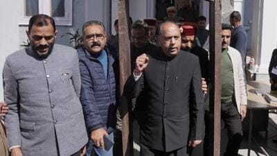 Leader of opposition Jai Ram Thakur (third from left) along with BJP legislators raising slogans while coming out of the Himachal Pradesh Vidhan Sabha in Shimla on Wednesday. (Deepak Sansta/HT) Leader of opposition Jai Ram Thakur (third from left) along with BJP legislators raising slogans while coming out of the Himachal Pradesh Vidhan Sabha in Shimla on Wednesday. (Deepak Sansta/HT)