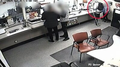 Man in red circle trying to rob UK post office with the help of a spoon. (X/@nottspolice) Man in red circle trying to rob UK post office with the help of a spoon. (X/@nottspolice)