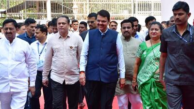 Mumbai, India – Feb 28, 2024: Maharashtra DCM Devendra Fadnavis and other leaders arrive during the Maharashtra Assembly Budget Session, at Vidhan Bhavan, Nariman Point, in Mumbai, India, on Wednesday, Feb 28, 2024. (Photo by Bhushan Koyande/HT Photo) Mumbai, India – Feb 28, 2024: Maharashtra DCM Devendra Fadnavis and other leaders arrive during the Maharashtra Assembly Budget Session, at Vidhan Bhavan, Nariman Point, in Mumbai, India, on Wednesday, Feb 28, 2024. (Photo by Bhushan Koyande/HT Photo)
