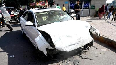 Noida, India- February 28, 2024: On Tuesday night, near the Botanical Garden of Sector 37, a speeding Audi collided with a toilet, breaking its wall and entering inside. There were five people in the vehicle at that time, who suffered minor injuries. After this he has been admitted to a private hospital for treatment, in Noida, India, on Wednesday, February 28, 2024. (Photo by Sunil Ghosh / Hindustan Times) Noida, India- February 28, 2024: On Tuesday night, near the Botanical Garden of Sector 37, a speeding Audi collided with a toilet, breaking its wall and entering inside. There were five people in the vehicle at that time, who suffered minor injuries. After this he has been admitted to a private hospital for treatment, in Noida, India, on Wednesday, February 28, 2024. (Photo by Sunil Ghosh / Hindustan Times)
