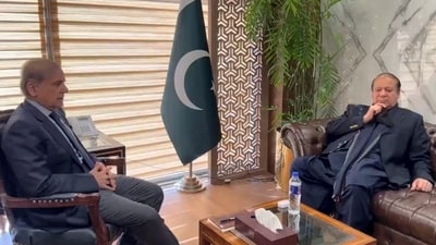 Leader of Pakistan Muslim League (N) Muhammad Nawaz Sharif with the nominated Prime Minister of Pakistan Shehbaz Sharif. (PTI) Leader of Pakistan Muslim League (N) Muhammad Nawaz Sharif with the nominated Prime Minister of Pakistan Shehbaz Sharif. (PTI)