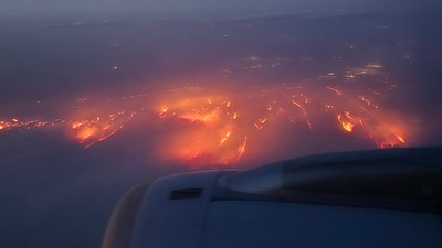 An aerial view of the scorching wildfire across Texas panhandle. (X/Patrick Ryan (@pmcelligott)) An aerial view of the scorching wildfire across Texas panhandle. (X/Patrick Ryan (@pmcelligott))