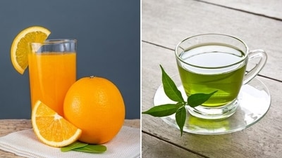 Orange juice vs green tea: Orange juice is a rich source of Vitamin C, folate, and potassium. Green tea contains flavonoid called catechins which stimulates metabolism and helps break down excess fat. (Freepik) Orange juice vs green tea: Orange juice is a rich source of Vitamin C, folate, and potassium. Green tea contains flavonoid called catechins which stimulates metabolism and helps break down excess fat. (Freepik)