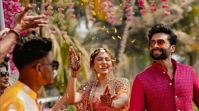 For the pre-wedding festival, Rakul opted for a phulkari outfit customised by designer Arpita Mehta. She donned the oufit with a matching shrug. She elevated her look with minimal make-up and tied her hair in a braid. (Instagram) For the pre-wedding festival, Rakul opted for a phulkari outfit customised by designer Arpita Mehta. She donned the oufit with a matching shrug. She elevated her look with minimal make-up and tied her hair in a braid. (Instagram)