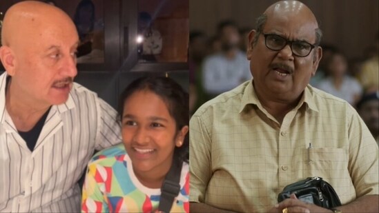 (L) Anupam Kher with Satish Kaushik's daughter Vanshika; late actor in a still from Kaagaz 2.