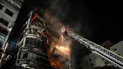 Firefighters work to extinguish a fire in a commercial building that killed at least 43 people, in Dhaka, on February 29, 2024. (AFP) Firefighters work to extinguish a fire in a commercial building that killed at least 43 people, in Dhaka, on February 29, 2024. (AFP)