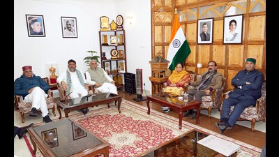 Former Chhattisgarh chief minister Bhupesh Baghel, Karnataka deputy CM DK Shivakumar, senior Congress leader Bhupinder Singh Hooda, Himachal Pradesh CM Sukhvinder Singh Sukhu and deputy CM Mukesh Agnihotri attend a consultation being held in Shimla on Thursday. (ANI) Former Chhattisgarh chief minister Bhupesh Baghel, Karnataka deputy CM DK Shivakumar, senior Congress leader Bhupinder Singh Hooda, Himachal Pradesh CM Sukhvinder Singh Sukhu and deputy CM Mukesh Agnihotri attend a consultation being held in Shimla on Thursday. (ANI)