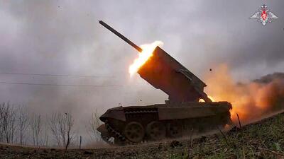 In this photo taken from video and released by Russian defence ministry press service on February 8, 2024, a rocket is fired from the Russian army's TOS-1 thermobaric system at an undisclosed location in Ukraine. (AP) In this photo taken from video and released by Russian defence ministry press service on February 8, 2024, a rocket is fired from the Russian army's TOS-1 thermobaric system at an undisclosed location in Ukraine. (AP)
