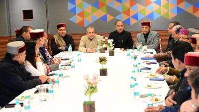 Leader of Opposition in the Himachal Pradesh assembly Jairam Thakur with BJP national vice-president Saudan Singh, state party chief Rajeev Bindal and other party MLAs during a meeting in Shimla on Wednesday. (PTI Photo) Leader of Opposition in the Himachal Pradesh assembly Jairam Thakur with BJP national vice-president Saudan Singh, state party chief Rajeev Bindal and other party MLAs during a meeting in Shimla on Wednesday. (PTI Photo)