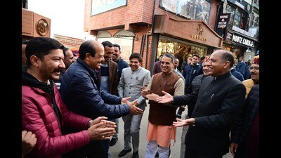 LoP Jairam Thakur meeting newly-elected RS member Harsh Mahajan, in Shimla on Thursday. (HT photo)