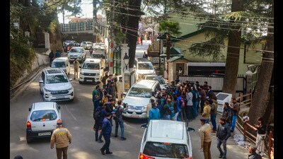 Ministers and MLAs leave Himachal Pradesh chief minister Sukhvinder Singh Sukhu’s residence after a meeting, in Shimla on Thursday. (PTI)