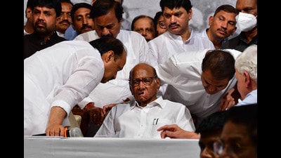 Mumbai, India - May 02, 2023: NCP leaders, workers, supporters of Sharad Pawar protest in solidarity against his resignation as party president urging him to reconsider his decision, at Y.B. Chavan Centre, Nariman Point, in Mumbai, India, on Tuesday, May 02, 2023. (Photo by Bhushan Koyande/HT Photo) (HT PHOTO) Mumbai, India - May 02, 2023: NCP leaders, workers, supporters of Sharad Pawar protest in solidarity against his resignation as party president urging him to reconsider his decision, at Y.B. Chavan Centre, Nariman Point, in Mumbai, India, on Tuesday, May 02, 2023. (Photo by Bhushan Koyande/HT Photo) (HT PHOTO)
