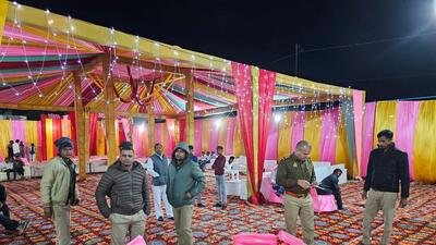 Police at the wedding venue in Kheli Bhau village under Rabupura police station, where the celebratory firing took place on Wednesday night. (HT Photo) Police at the wedding venue in Kheli Bhau village under Rabupura police station, where the celebratory firing took place on Wednesday night. (HT Photo)