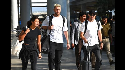 The English cricket team arrives at Chandigarh airport for a stay before leaving for the final Test at Dharamshala on March 7. (Keshav Singh/HT Photo)
