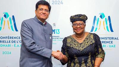 Union minister for and industry Piyush Goyal with World Trade Organization director-general Ngozi Okonjo-Iweala, in Abu Dhabi. (PTI) Union minister for and industry Piyush Goyal with World Trade Organization director-general Ngozi Okonjo-Iweala, in Abu Dhabi. (PTI)
