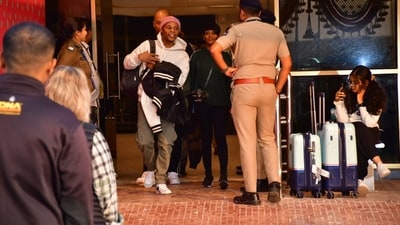 International singer and songwriters J Brown and Adam Blackstone at Jamnagar airport. International singer and songwriters J Brown and Adam Blackstone at Jamnagar airport.