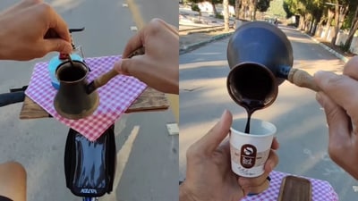 Man making Turkish coffee while riding a bicycle. (Instagram/@davooodism) Man making Turkish coffee while riding a bicycle. (Instagram/@davooodism)