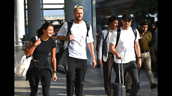 The English cricket team arrives at Chandigarh airport for a stay before leaving for the final Test at Dharamshala on March 7. (Keshav Singh/HT Photo)