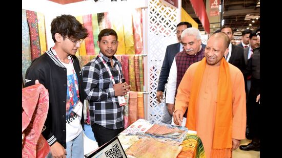 Uttar Pradesh chief minister Yogi Adityanath at Bharat Tex 2024 in New Delhi on Feb 29. (Sourced)