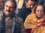 Himachal Pradesh chief minister Sukhvinder Singh Sukhu and Congress state president Pratibha Singh address the press conference after attending the Himachal Pradesh Congress meeting, in Shimla on Thursday. (ANI)
