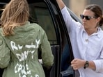 Former US First Lady Melania Trump is seen wearing a olive green jacket emblazoned with a message "I Really Don't Care. Do U?" Former US First Lady Melania Trump is seen wearing a olive green jacket emblazoned with a message "I Really Don't Care. Do U?"