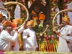 Raigad: NCP (Sharadchandra Pawar) chief Sharad Pawar during the launch of party's new symbol, at Raigad Fort, in Raigad district, Saturday, Feb. 24, 2024. (PTI Photo)(PTI02_24_2024_000076B)