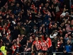 Athletic Bilbao's Inaki Williams celebrates scoring their first goal with teammates.
