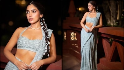 Bhumi Pednekar has set social media ablaze as the stunning actress shared her pictures in a mesmerising ice blue saree which she wore to the wedding festivities of Rakul Preet Singh and Jackky Bhagnani. The stylish diva looks like an elegant ethereal princess as she beautifully drapes the six yards of grace around her. Bhumi continues to prove her fashion prowess with her back-to-back stylish looks. Just a day ago, she wowed her fans in a Ritu Kumar kaftan kurta ensemble and this time a sartorial saree, the actress can definitely pull off any look to perfection. With the wedding season in full swing, Bhumi's stunning ethnic look is sure to inspire your wardrobe. Scroll down to take notes. (Instagram/@bhumipednekar) Bhumi Pednekar has set social media ablaze as the stunning actress shared her pictures in a mesmerising ice blue saree which she wore to the wedding festivities of Rakul Preet Singh and Jackky Bhagnani. The stylish diva looks like an elegant ethereal princess as she beautifully drapes the six yards of grace around her. Bhumi continues to prove her fashion prowess with her back-to-back stylish looks. Just a day ago, she wowed her fans in a Ritu Kumar kaftan kurta ensemble and this time a sartorial saree, the actress can definitely pull off any look to perfection. With the wedding season in full swing, Bhumi's stunning ethnic look is sure to inspire your wardrobe. Scroll down to take notes. (Instagram/@bhumipednekar)