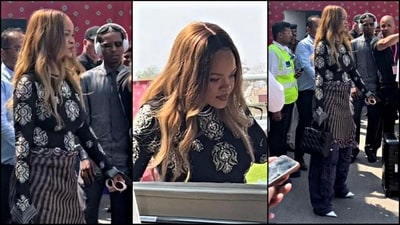 Rihanna arrives in Jamnagar sporting trendy bodysuit and cargo pants look. Pics (Instagram) Rihanna arrives in Jamnagar sporting trendy bodysuit and cargo pants look. Pics (Instagram)