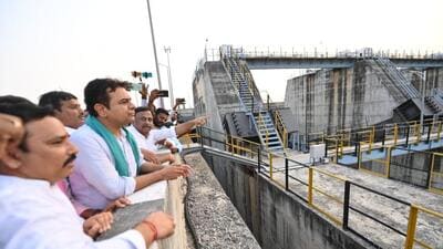 BRS leader K T Rama Rao along with other party members during their visit to Medigadda barrage, on Friday (HT Photo) BRS leader K T Rama Rao along with other party members during their visit to Medigadda barrage, on Friday (HT Photo)