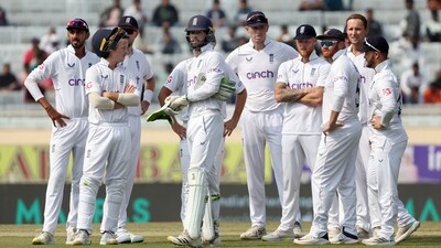 England's Ben Stokes and teammates await for the third umpire decision after taking a DRS review for the possible wicket of India's Yashasvi Jaiswal (REUTERS)