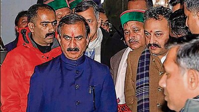 Chief minister Sukhvinder Singh Sukhu, with cabinet ministers and MLAs, leaves after a meeting with speaker Kuldeep Singh Pathania in Shimla on Friday. (PTI) Chief minister Sukhvinder Singh Sukhu, with cabinet ministers and MLAs, leaves after a meeting with speaker Kuldeep Singh Pathania in Shimla on Friday. (PTI)