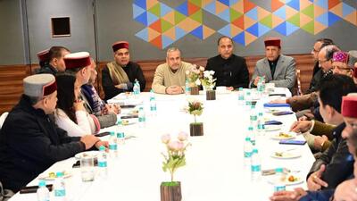 Himachal Pradesh BJP leaders discussing the party’s strategy at a meeting in Shimla on Thursday. (ANI Photo) Himachal Pradesh BJP leaders discussing the party’s strategy at a meeting in Shimla on Thursday. (ANI Photo)