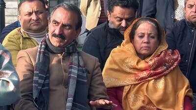 Himachal Pradesh chief minister Sukhvinder Singh Sukhu and Congress state president Pratibha Singh address the press conference after attending the Himachal Pradesh Congress meeting, in Shimla on Thursday. (ANI)