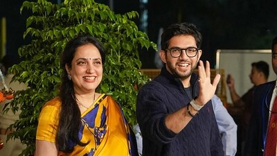 Aaditya Thackeray with his mother Rashmi Thackeray arrive in Jamnagar to attend a three-day pre-wedding celebration hosted by billionaire tycoon Mukesh Ambani, for his son Anant Ambani and Radhika Merchant.&nbsp; (AFP)